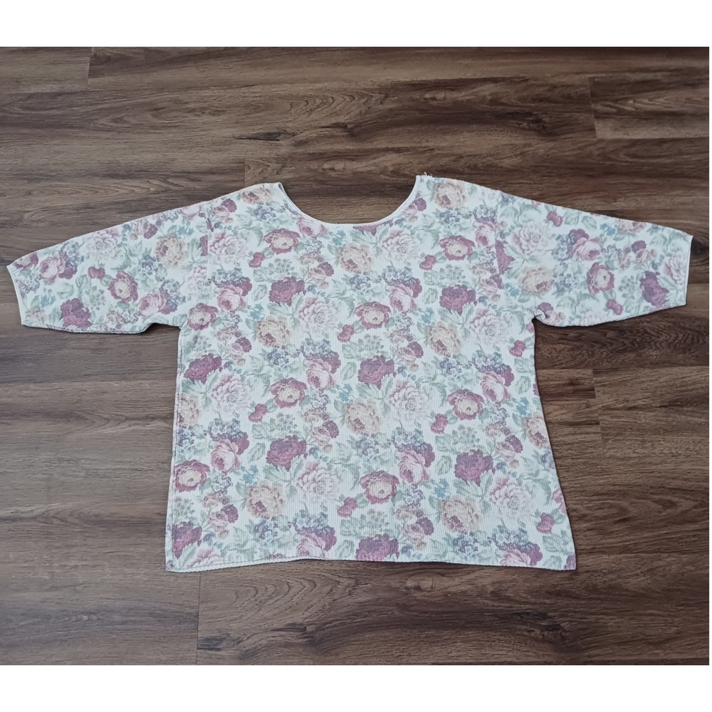 Vintage‎ Stefano International Floral Knit Top Short Sleeve Pink Green XL Boxy